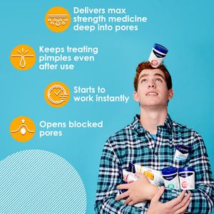 Smiling person holding Clearasil acne pads with one balanced on head